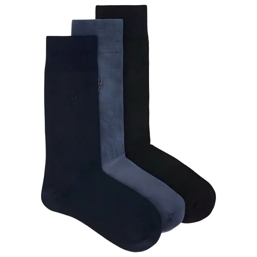 AllSaints Adan Ramskull 3-Pack Crew Socks Men’s 7–13, Cotton Stretch, Navy